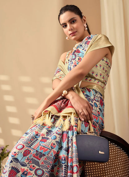 Artistic Multicolor Print Soft Lichi Silk Saree