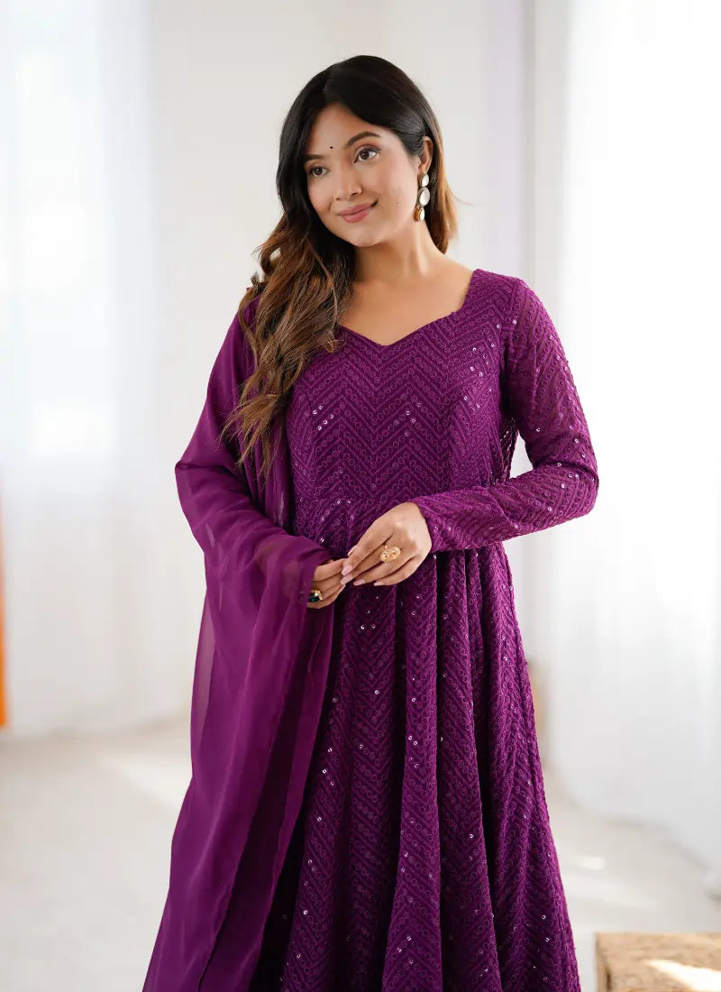 Classic Lucknowi Georgette Fabric Anarkali Suit Wine