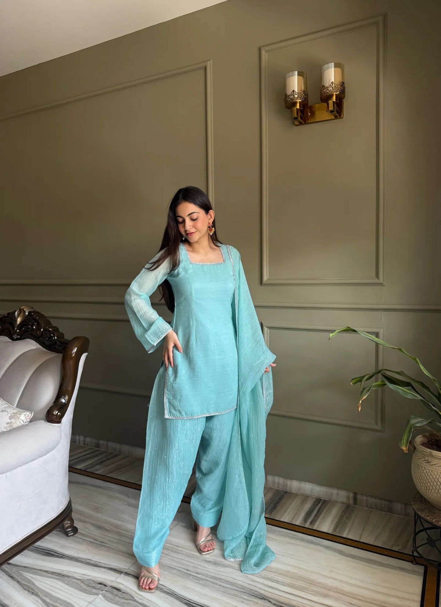 Sky Blue Crunchy Silk Salwar Suit