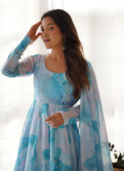 Pure Soft Organja Silk Marble Print Anarkali Sky