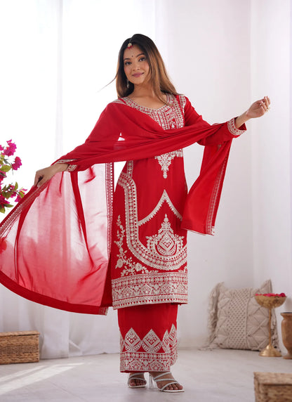 Pure Vichitra Silk Embridery Kurta Red