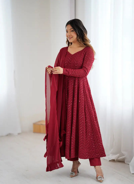 Classic Lucknowi Georgette Fabric Anarkali Suit Maroon