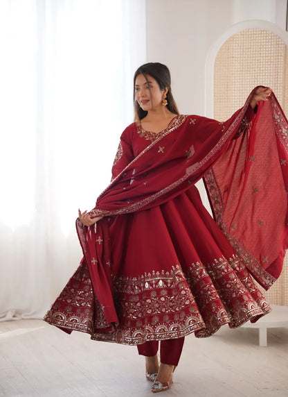 Maroon Embroidered Sequence Anarkali Suit