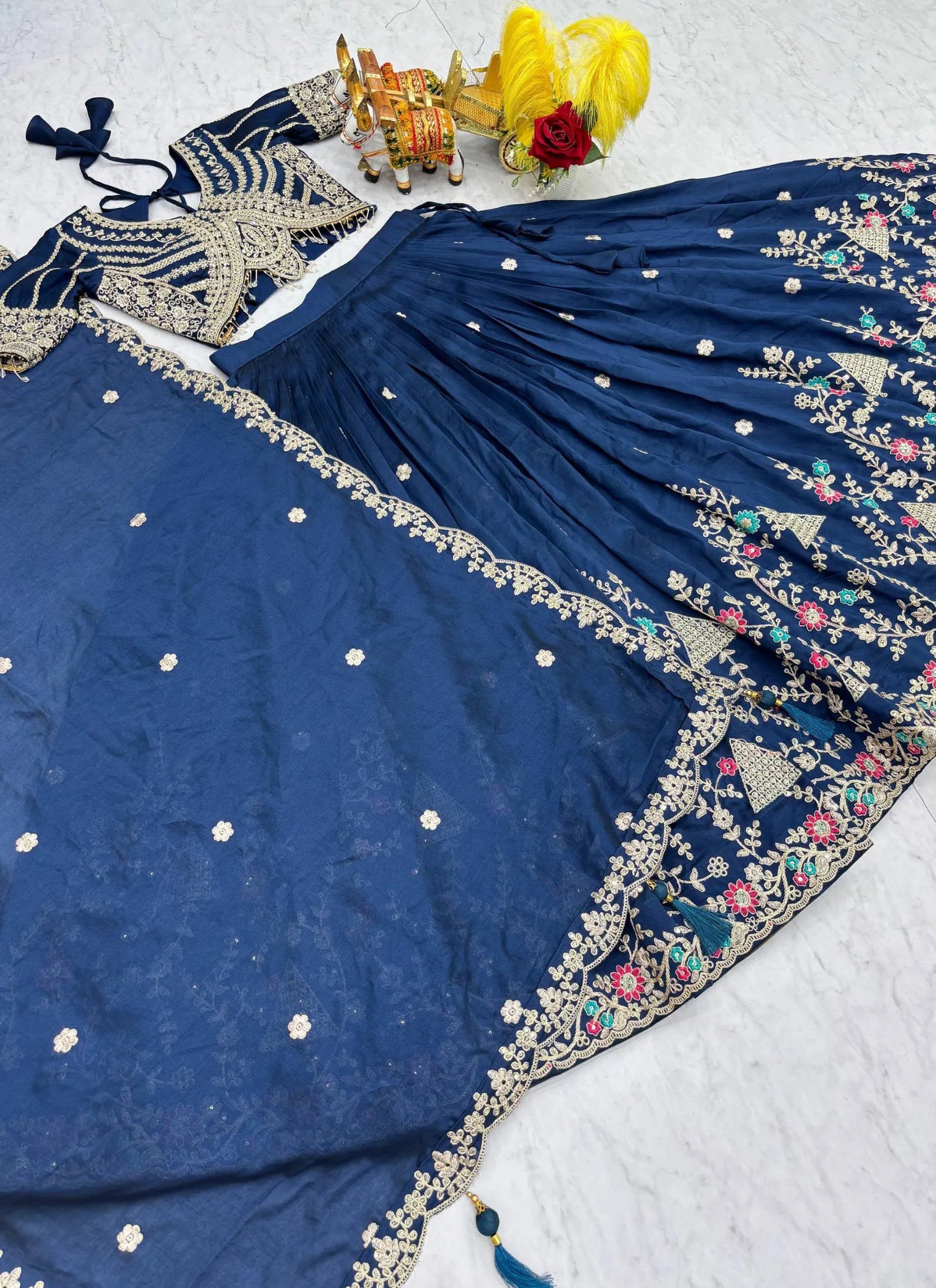 Blue Pure Vichitra Silk Embroidery Thread Work Lehenga Choli