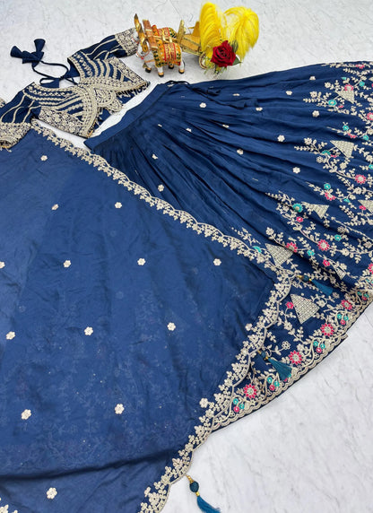 Blue Pure Vichitra Silk Embroidery Thread Work Lehenga Choli