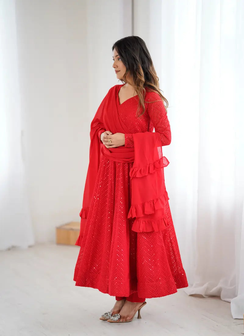 Classic Lucknowi Georgette Fabric Anarkali Suit Red