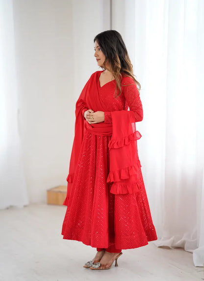Classic Lucknowi Georgette Fabric Anarkali Suit Red