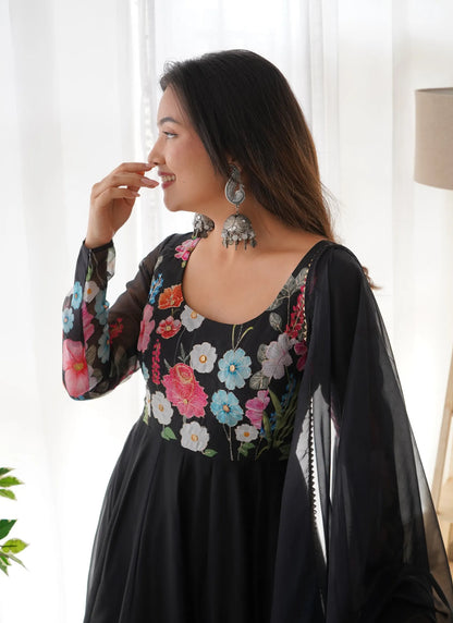 Pure Soft Organja Silk Anarkali Black