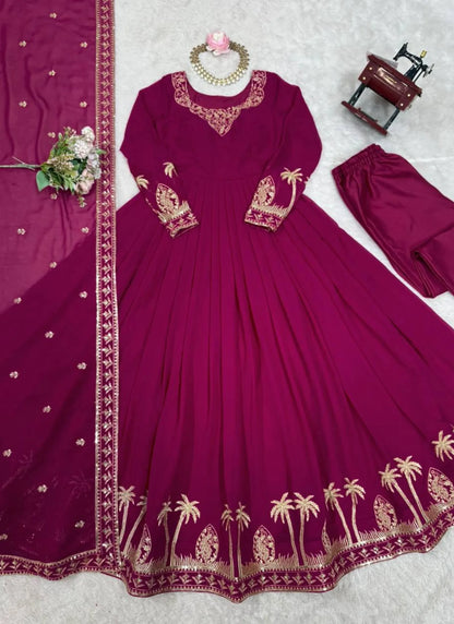 Pink Faux Georgette Thread Work Anarkali Suit