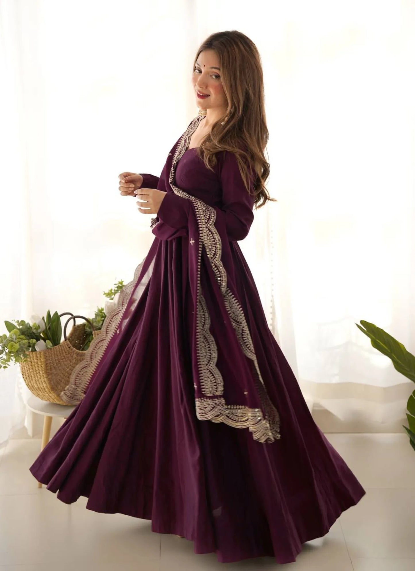 Pure Romansilk Chanderi Fabric Anarkali Wine