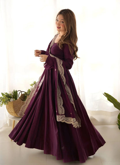 Pure Romansilk Chanderi Fabric Anarkali Wine