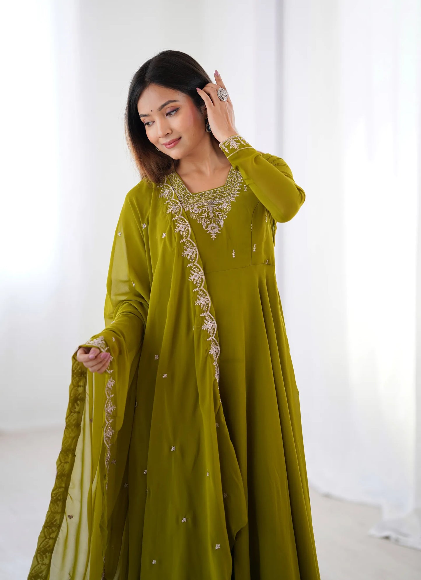 Pure Soft Fox Georgette Anarkali Mehndi