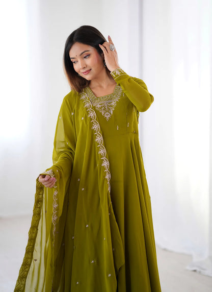 Pure Soft Fox Georgette Anarkali Mehndi