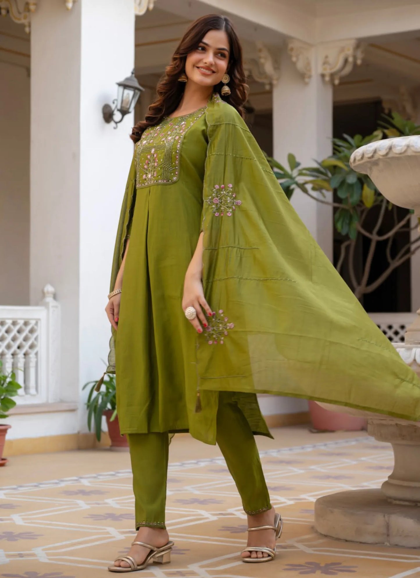 Olive Pure Viscose Designer Kurti Set