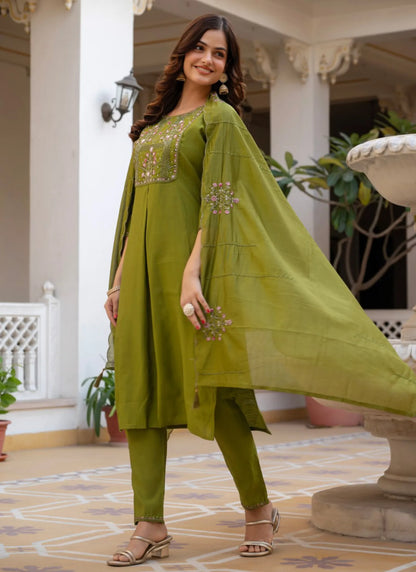 Olive Pure Viscose Designer Kurti Set