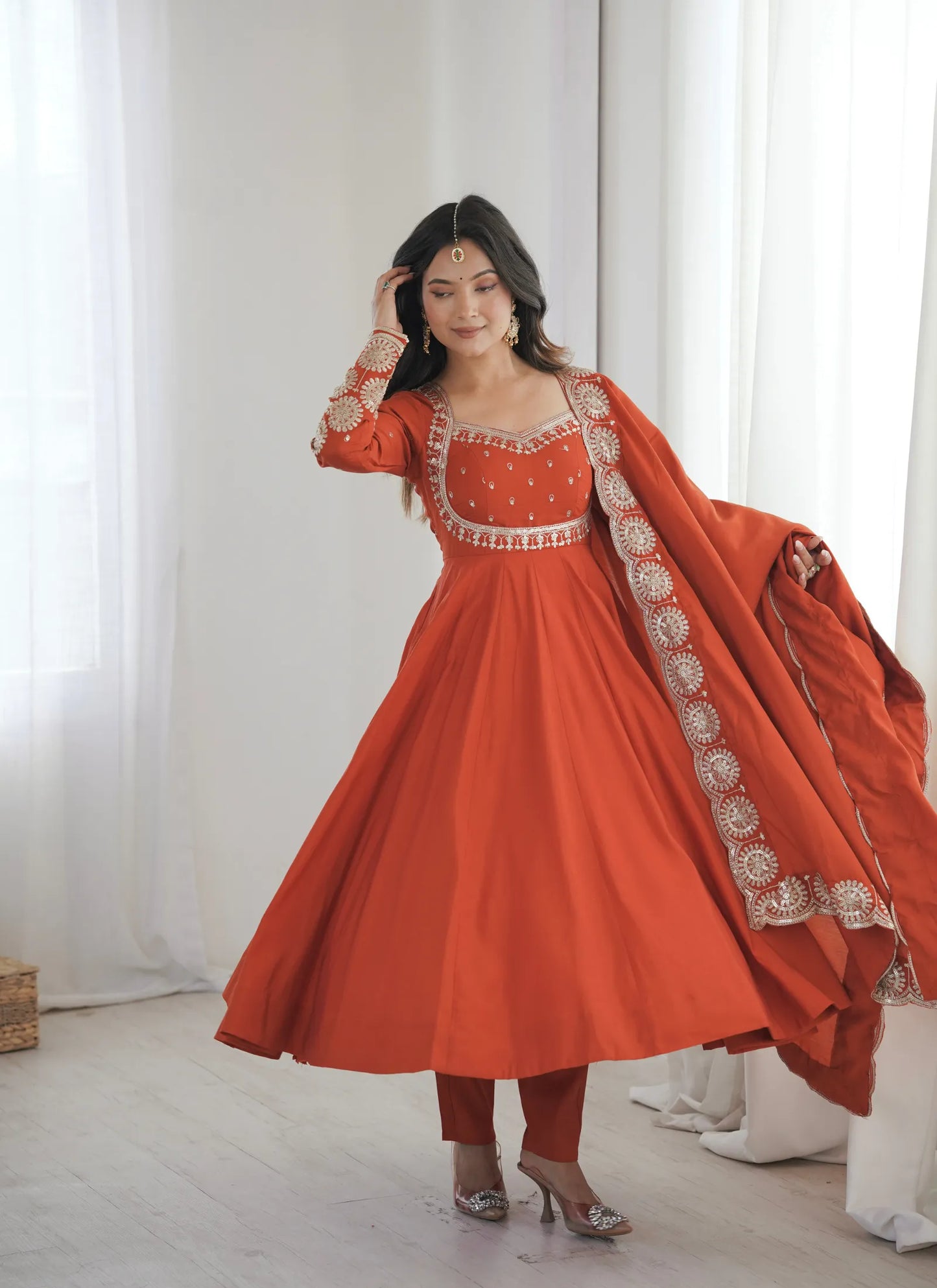 Orange Roman Silk Designer Anarkali Suit