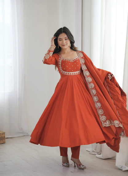 Orange Roman Silk Designer Anarkali Suit