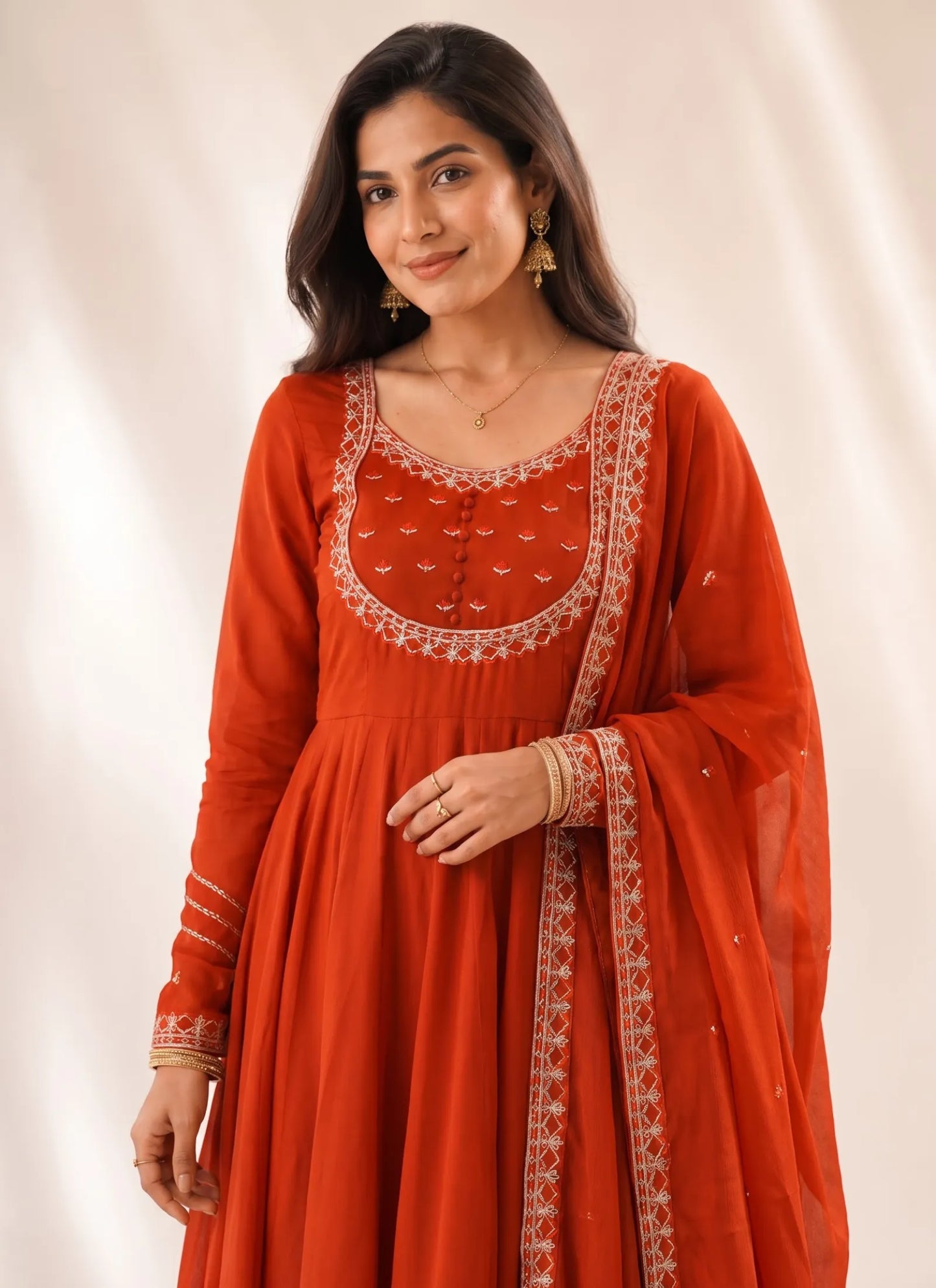Orange Roman Chanderi Silk Anarkali Suit