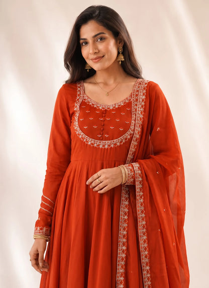 Orange Roman Chanderi Silk Anarkali Suit