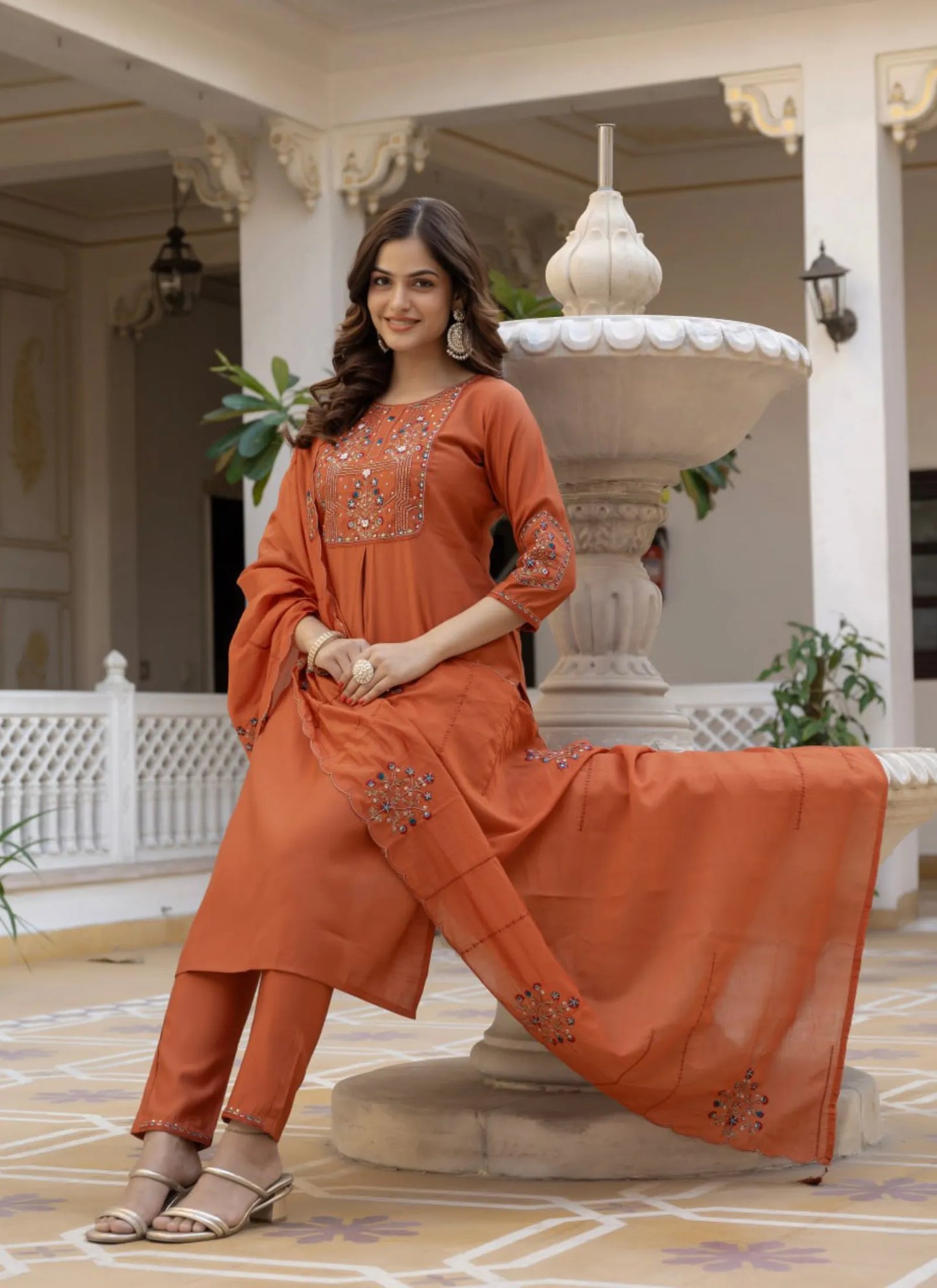 Orange Pure Viscose Designer Kurti Set