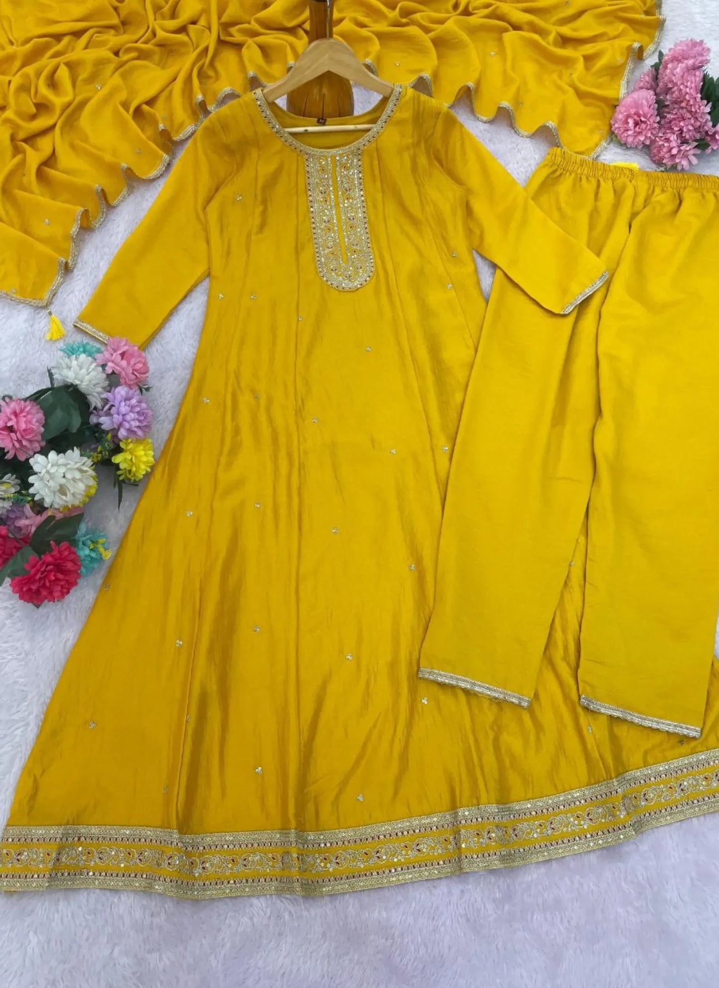 Designer Vichitra Silk Anarkali Kurti Yellow