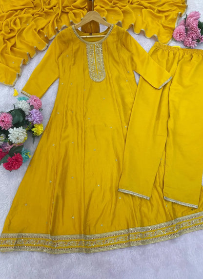 Designer Vichitra Silk Anarkali Kurti Yellow