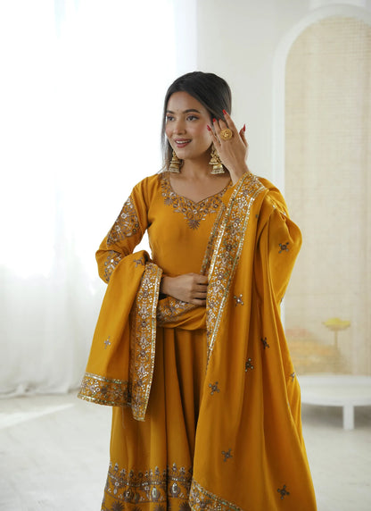 Yellow Embroidered Sequence Anarkali Suit