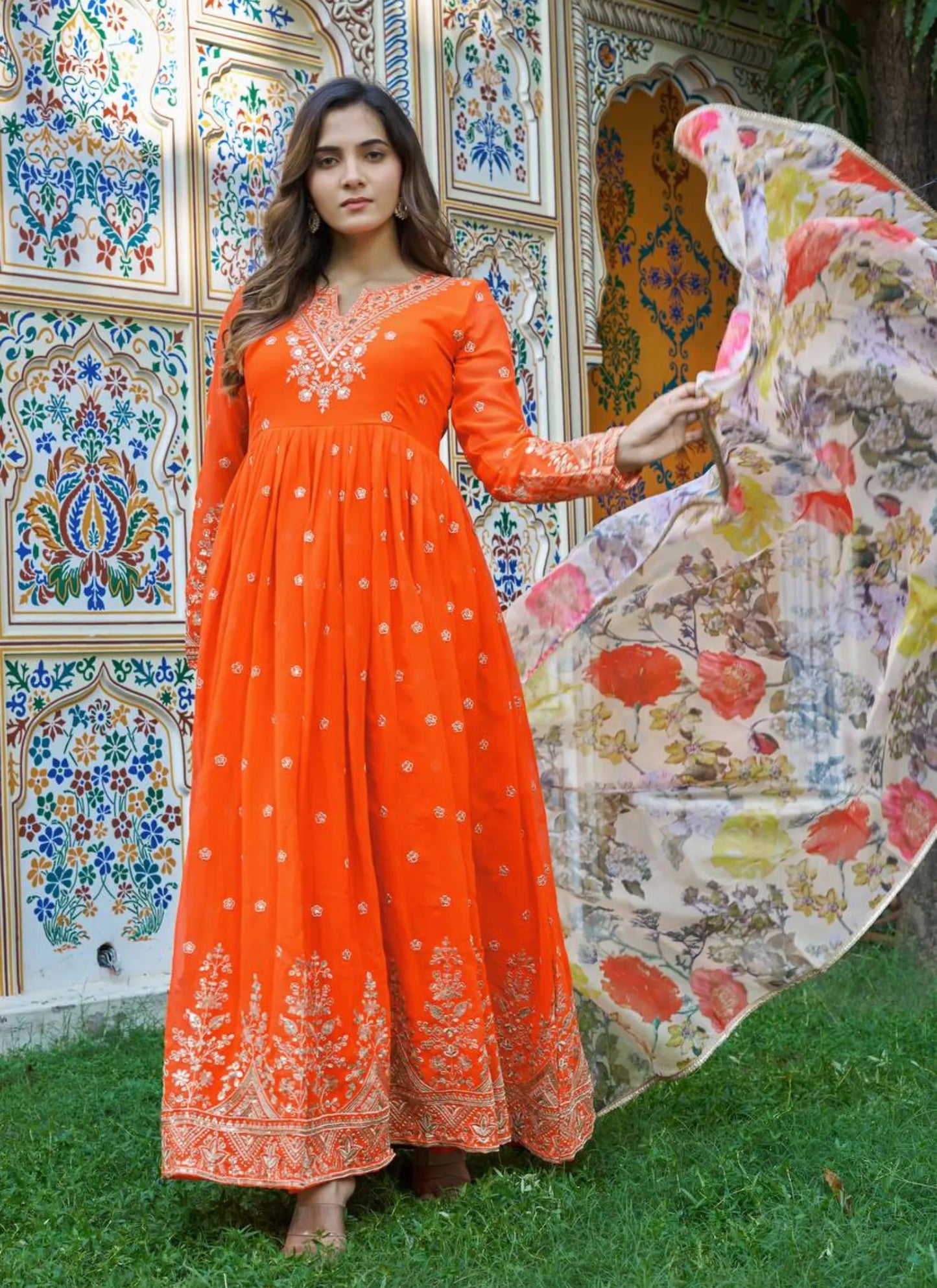 Orange Georgette Thread Work Anarkali Suit