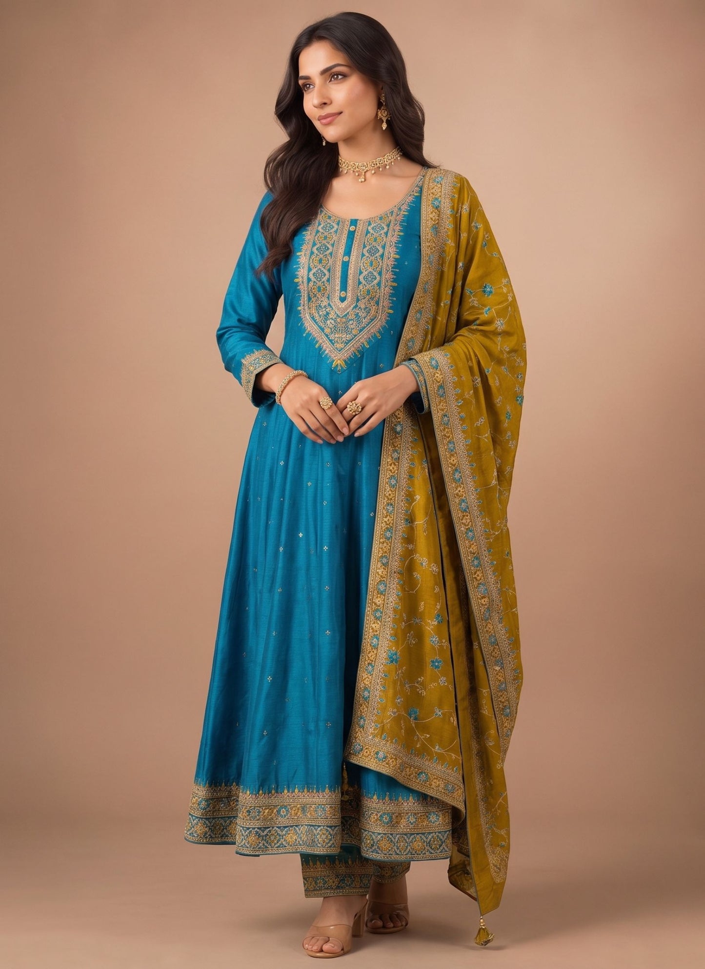 Peacock Vichitra Silk Designer Anarkali Set