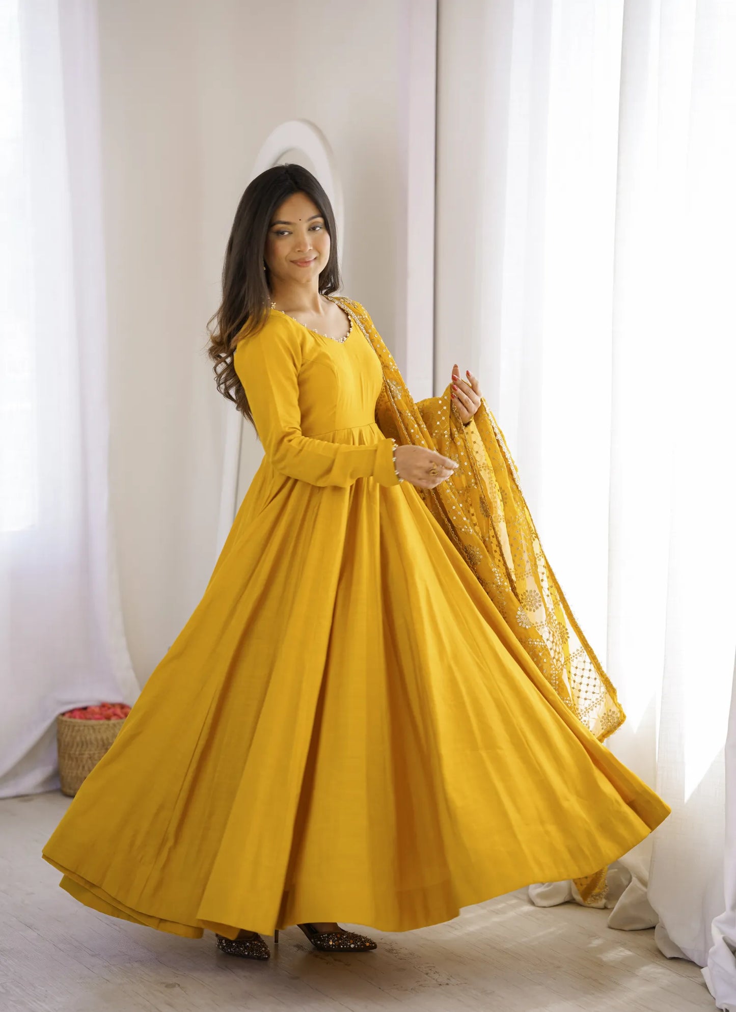 Yellow Heavy Roman Silk Anarkali Suit