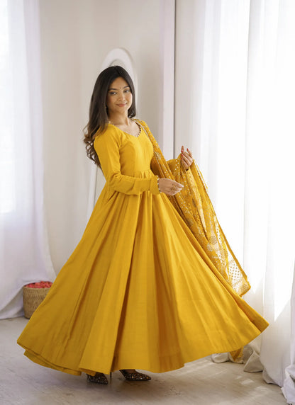 Yellow Heavy Roman Silk Anarkali Suit
