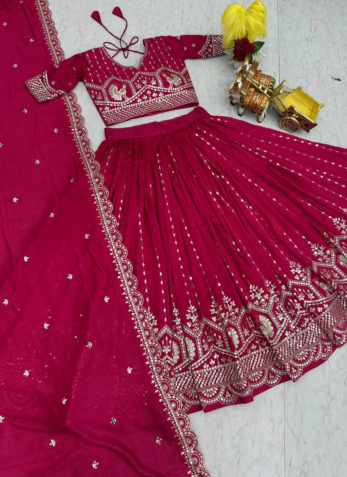 Pink Pure Vichitra Silk Embroidery Work Lehenga Choli