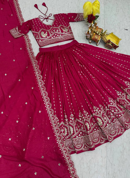 Pink Pure Vichitra Silk Embroidery Work Lehenga Choli
