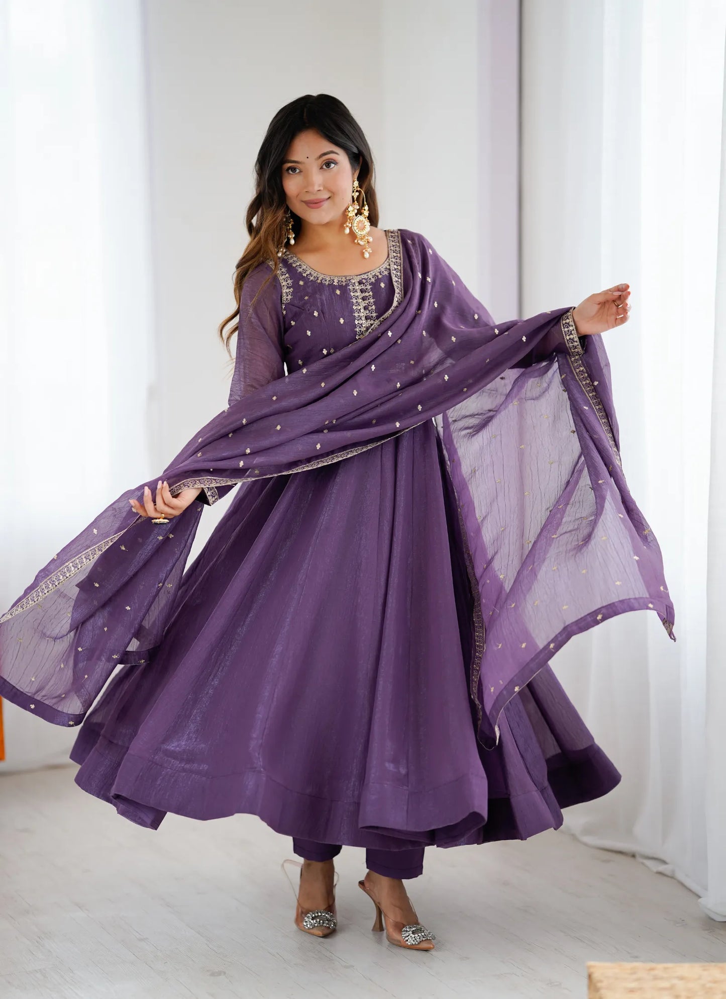 Pure Crunchy Silk Fabric Anarkali Suit Purple
