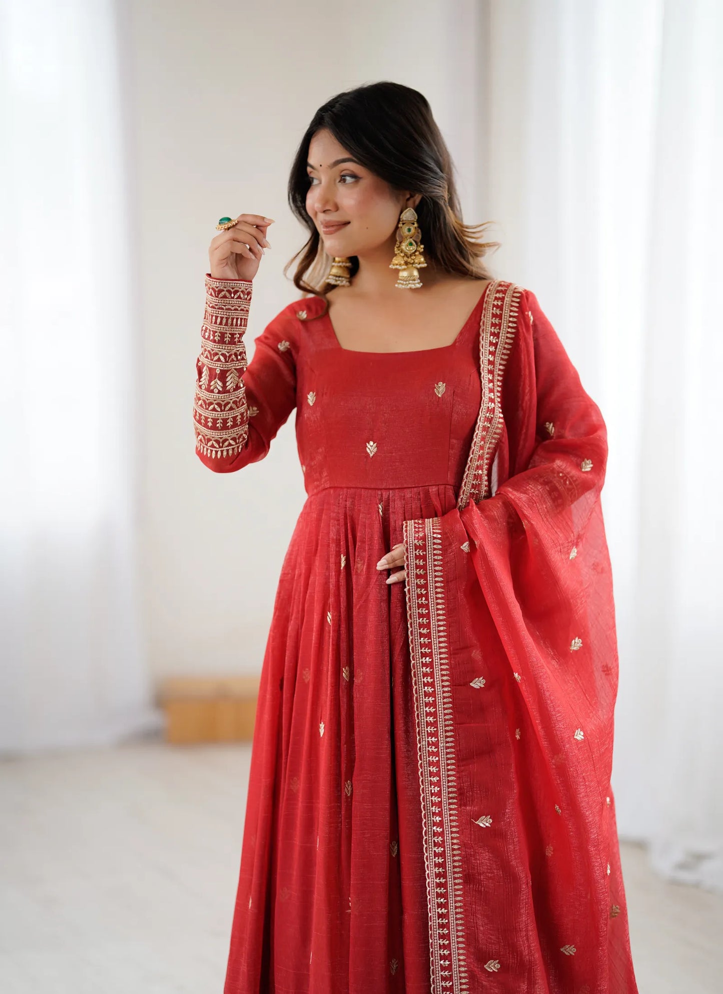 Premium Crunchy Silk Anarkali Gown Rust