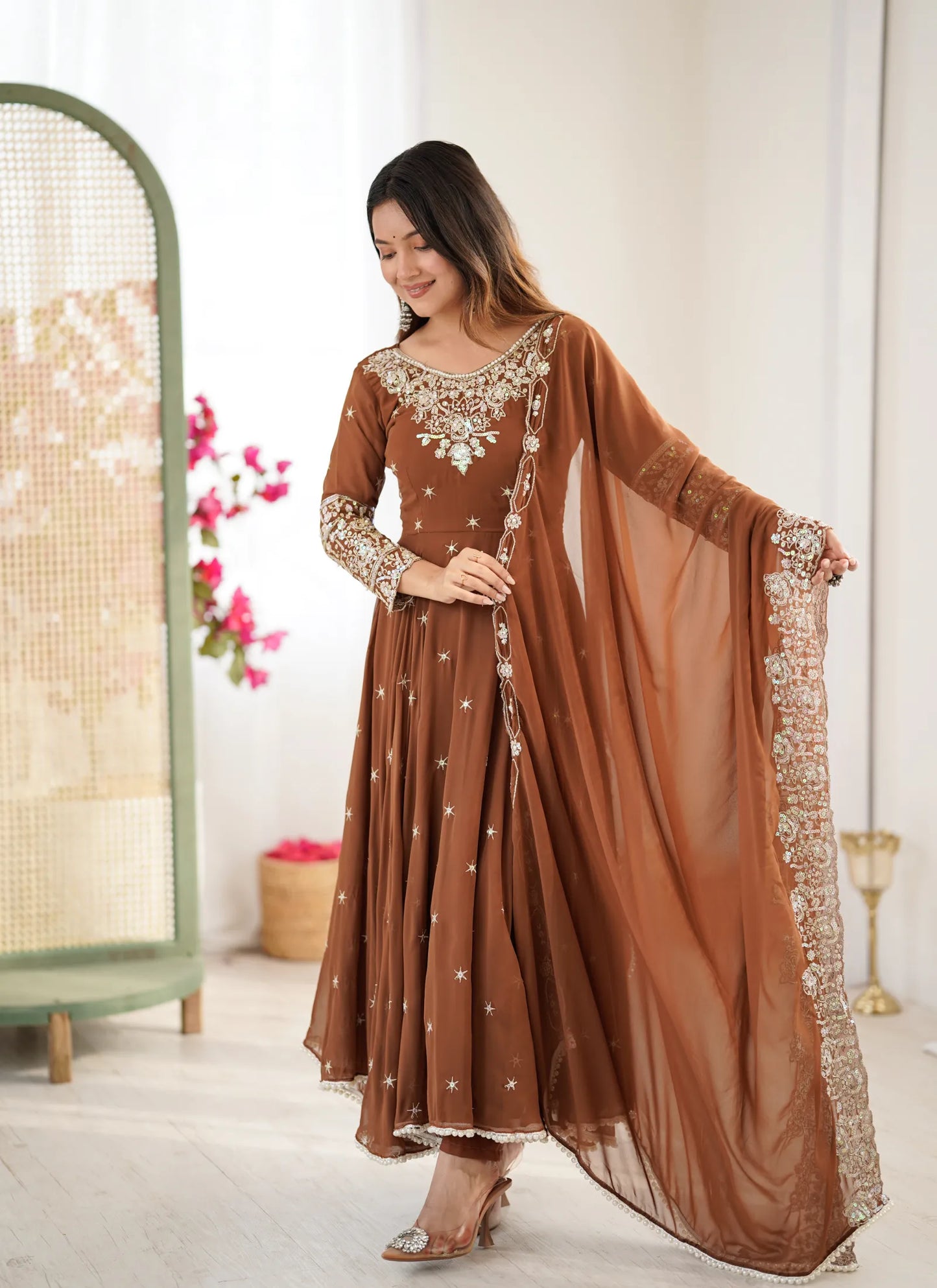 Brown Rembo Sequence Designer Anarkali Suit