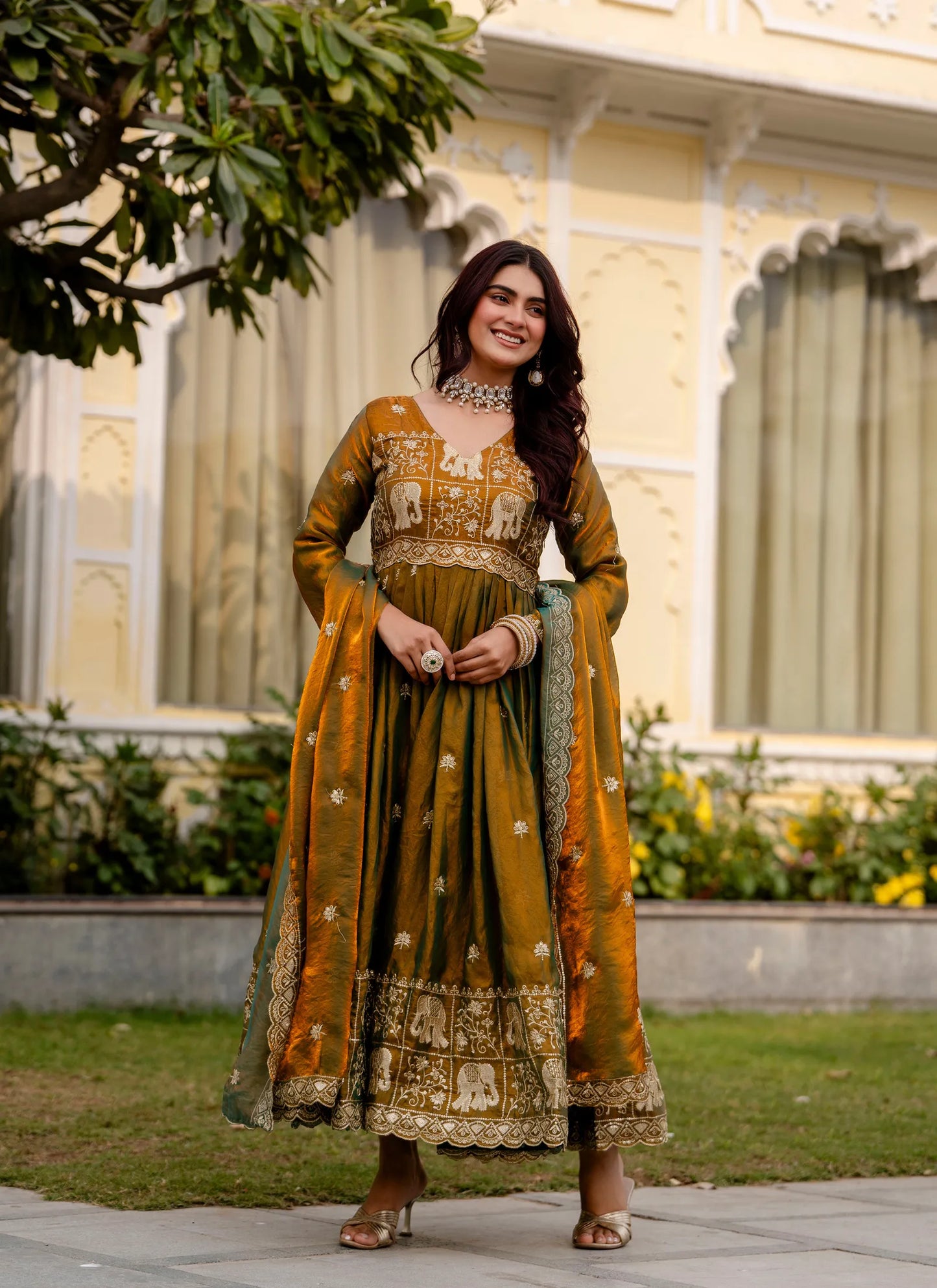 Muddy Green Embroidered Fendy Satin Gown