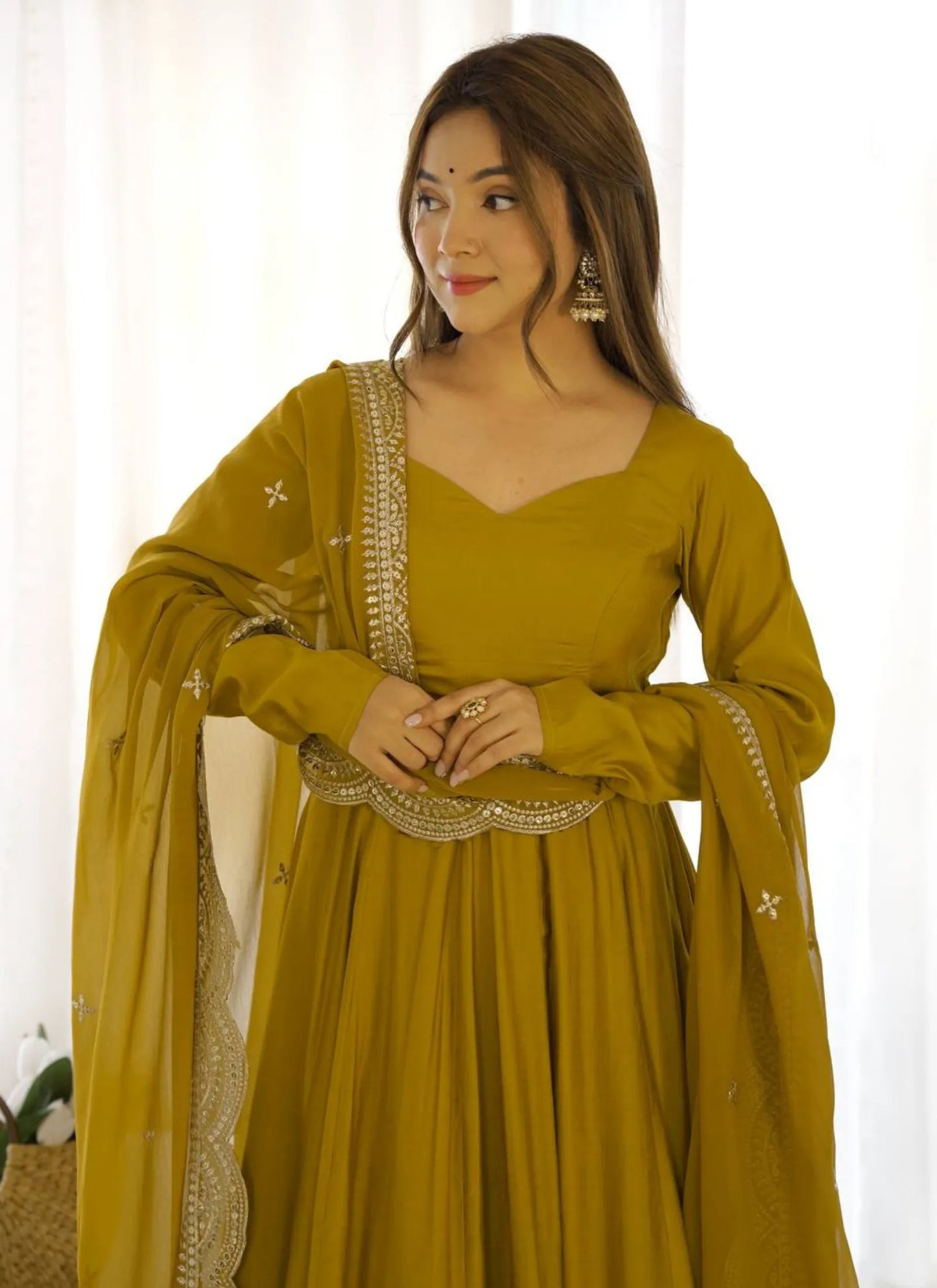 Pure Romansilk Chanderi Fabric Anarkali Mustard