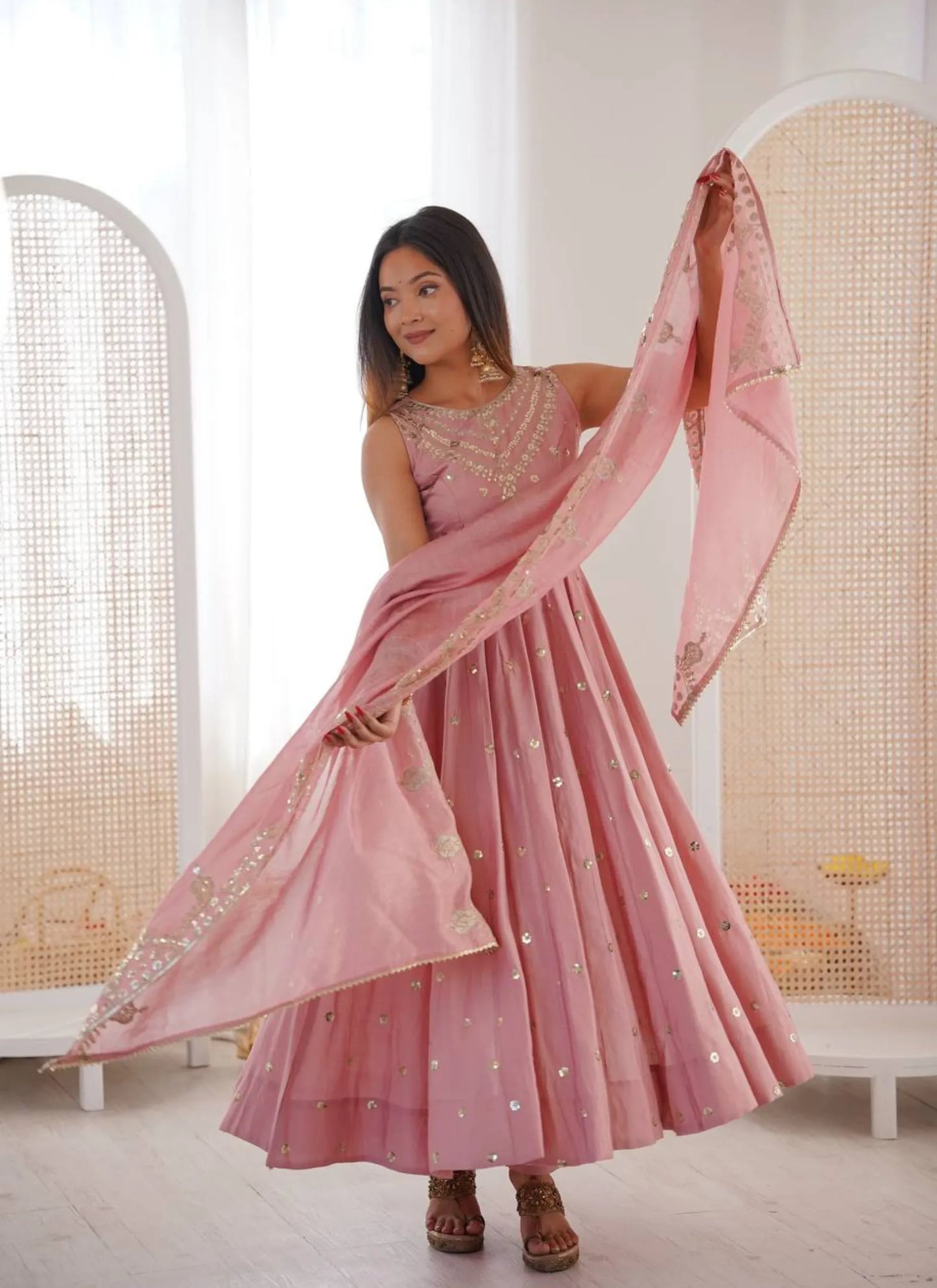 Pink Roman Silk Embroidery Anarkali Suit