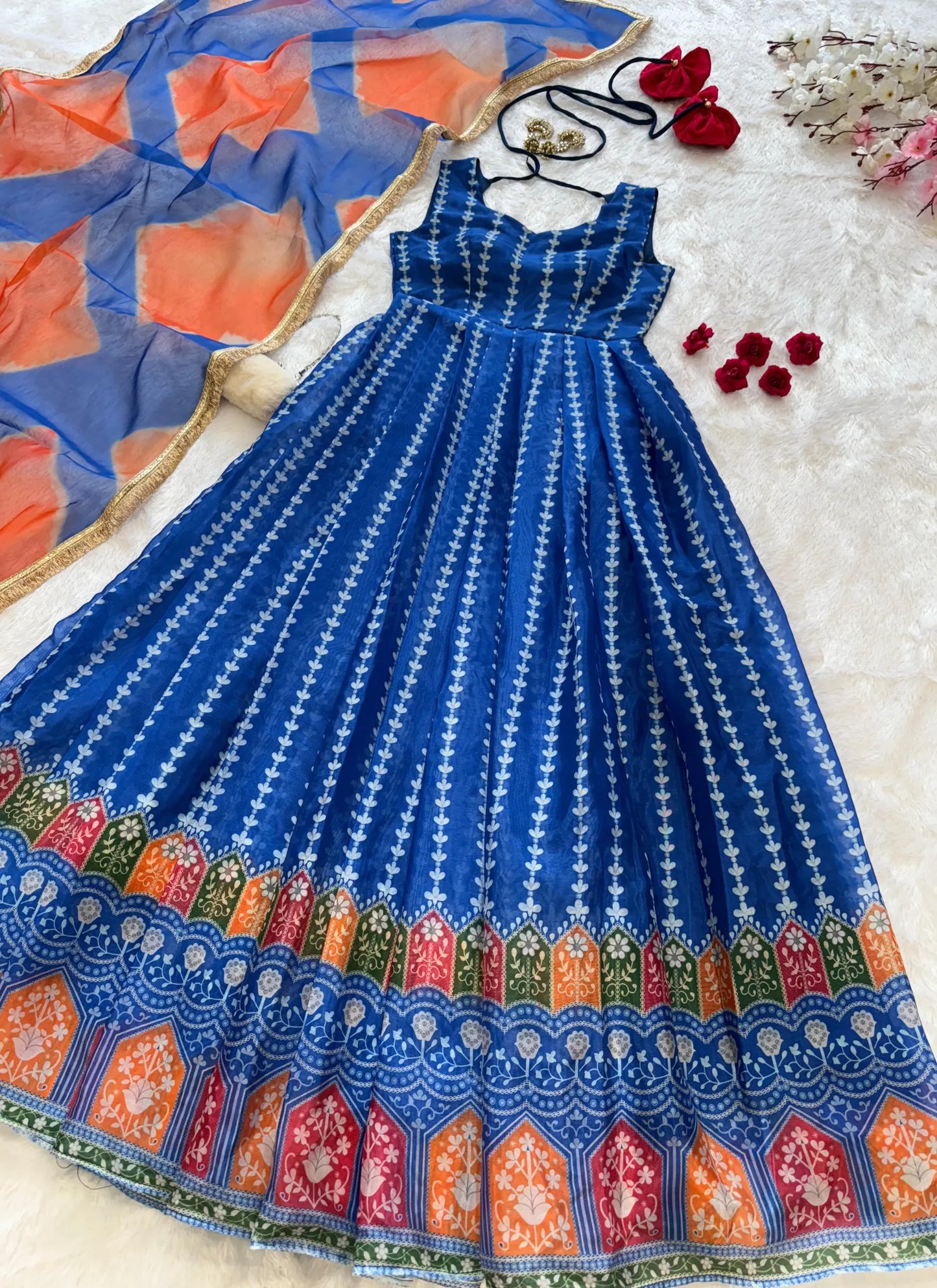 Pure Organza Silk Anarkali Gown Blue