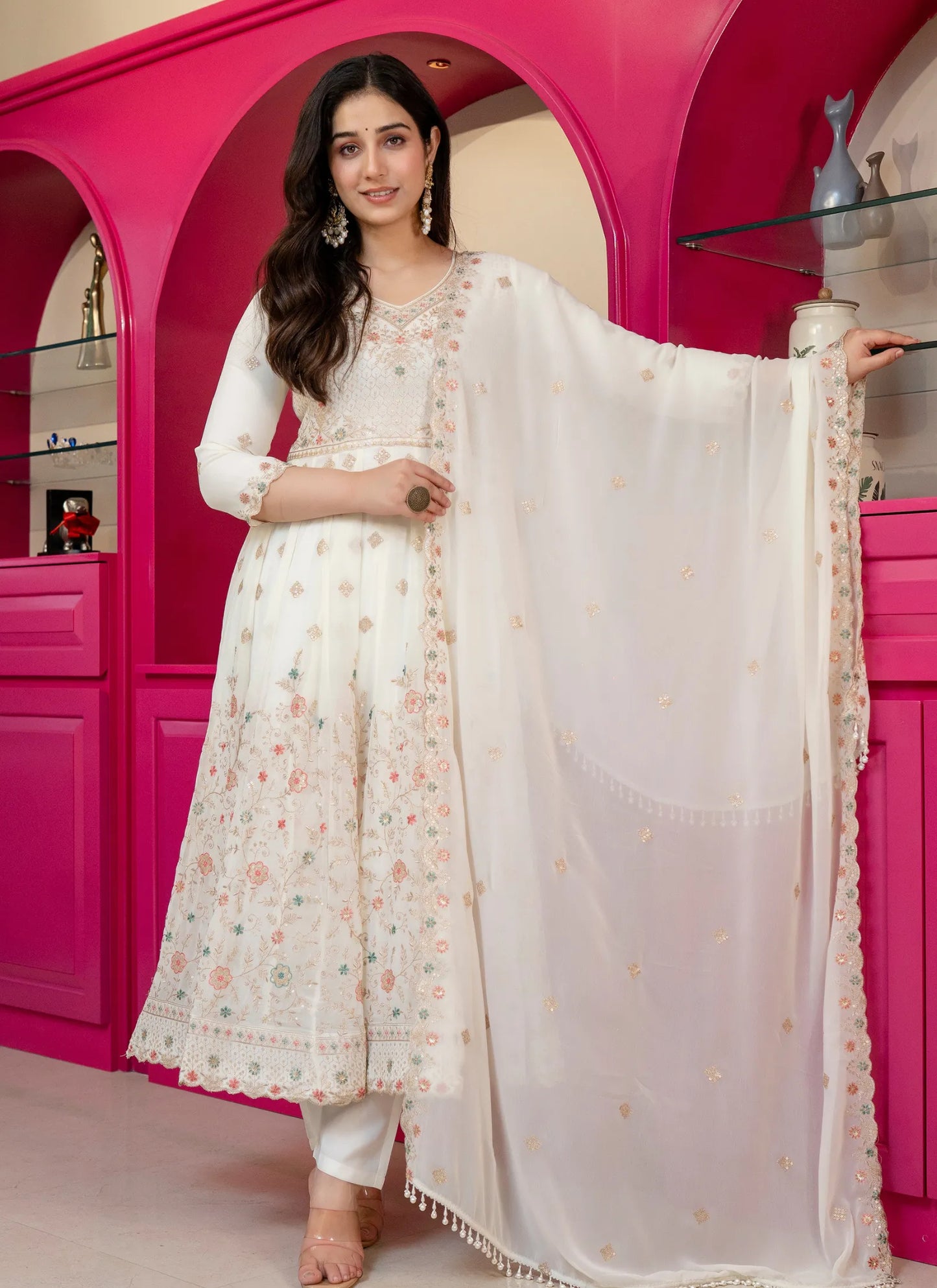 Off White Faux Blooming With Thread Embroidered Work Anarkali Suit