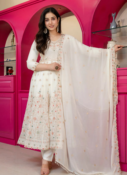 Off White Faux Blooming With Thread Embroidered Work Anarkali Suit