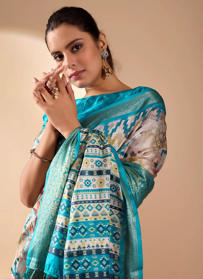 Modern Prints Soft Lichi Silk Saree Aqua