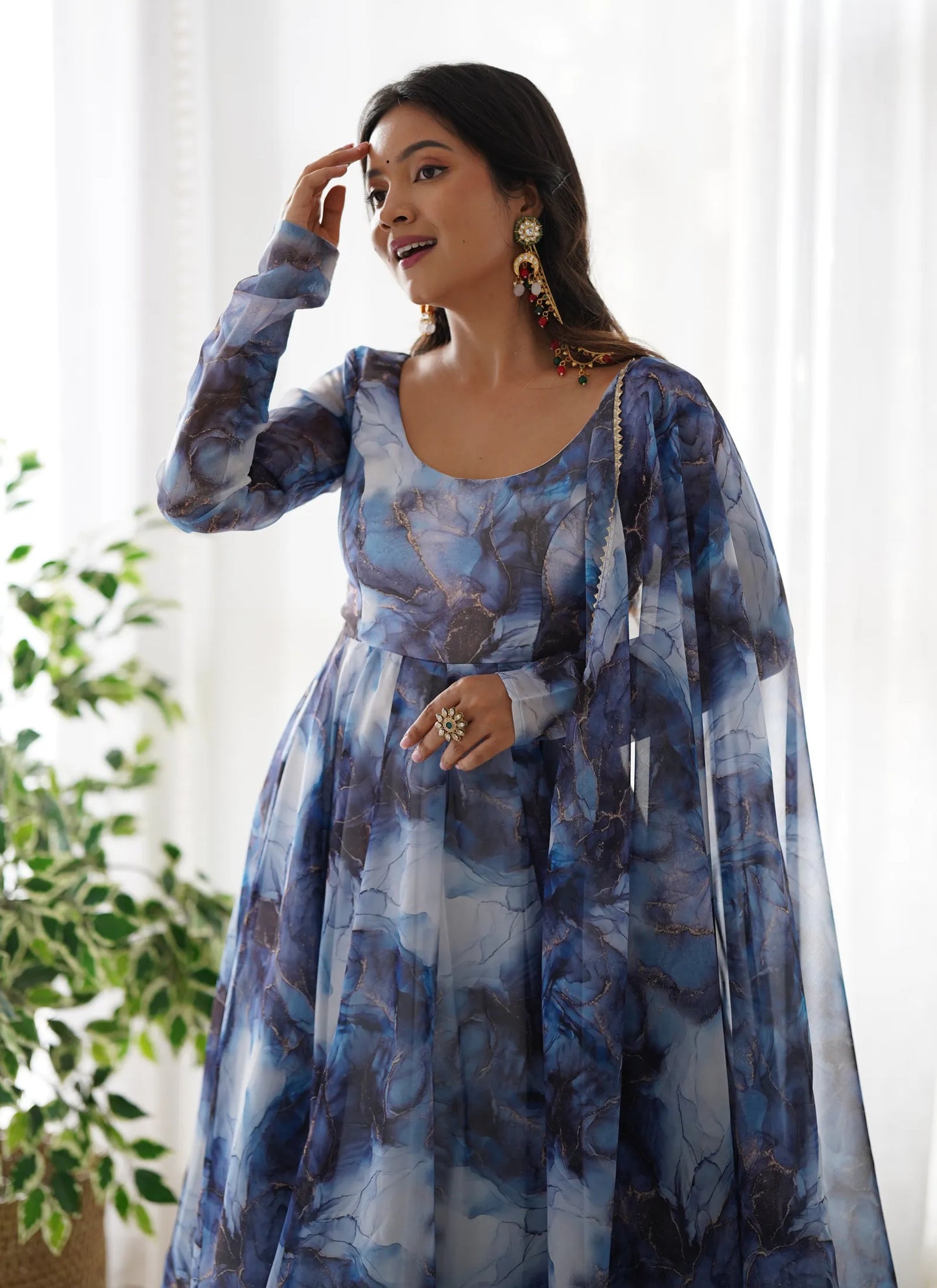 Pure Soft Organja Silk Marble Print Anarkali Navy Blue