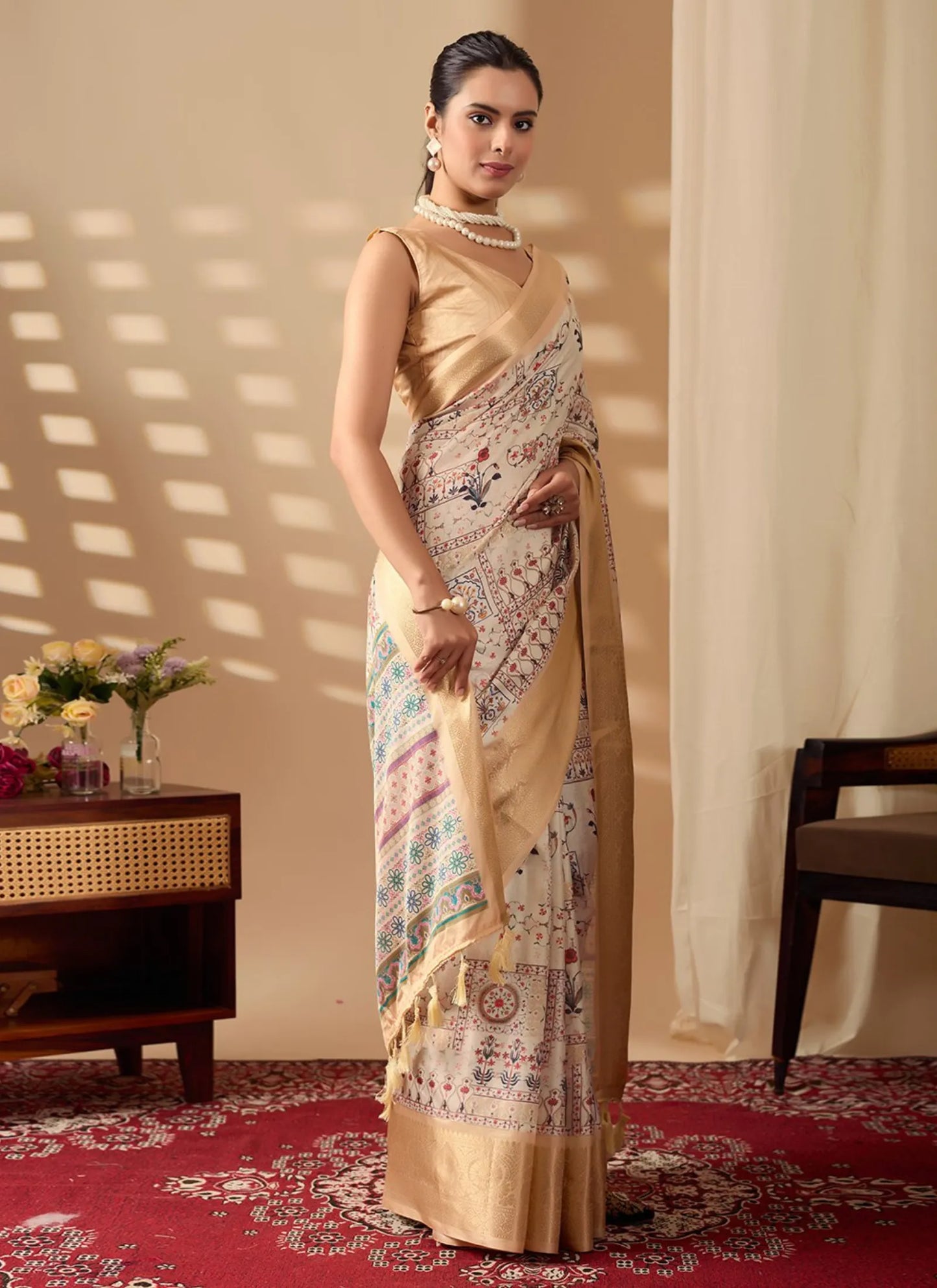 Ethnic Print Soft Lichi Silk Saree Beige