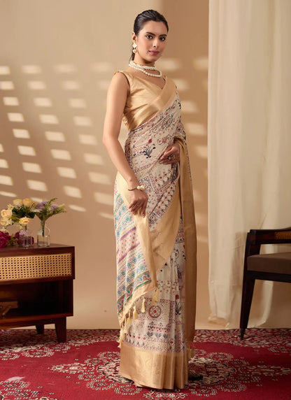 Ethnic Print Soft Lichi Silk Saree Beige