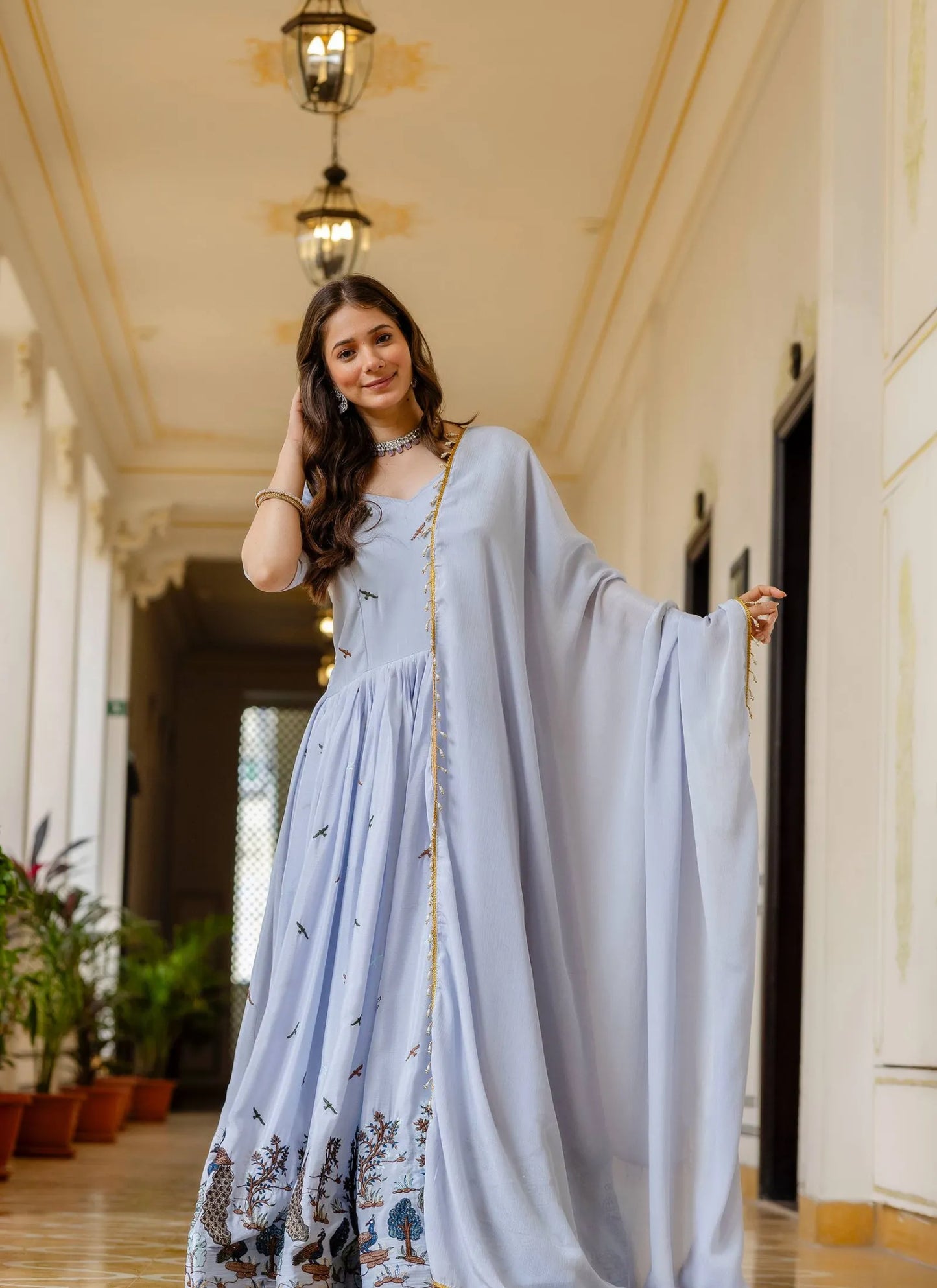Blue Grey Embroidered Chinon Fabric Gown