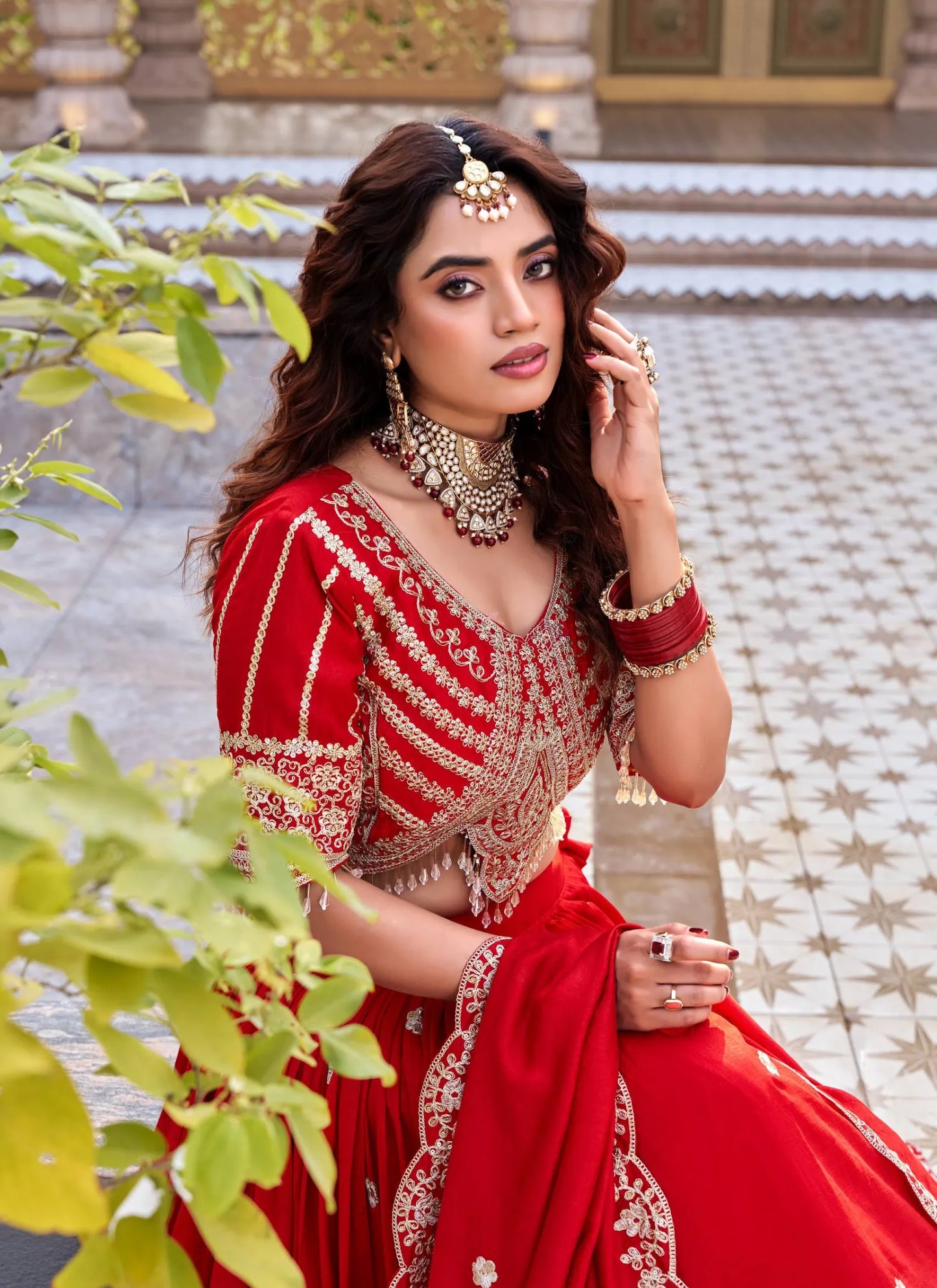 Red Pure Vichitra Silk Embroidery Thread Work Lehenga Choli
