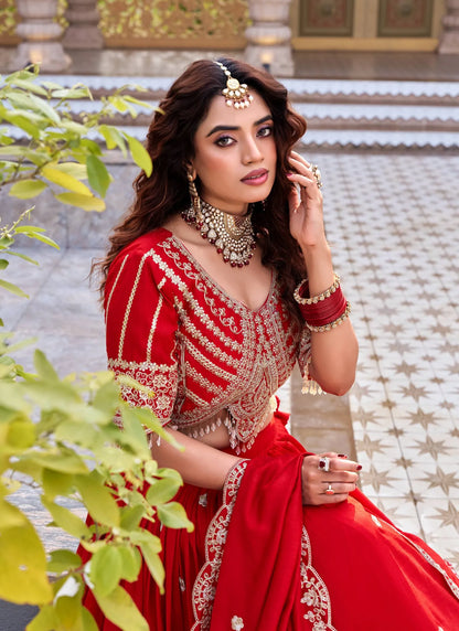 Red Pure Vichitra Silk Embroidery Thread Work Lehenga Choli