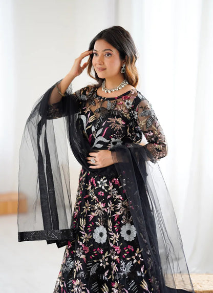 Premium Butterfly Net Lehenga Black